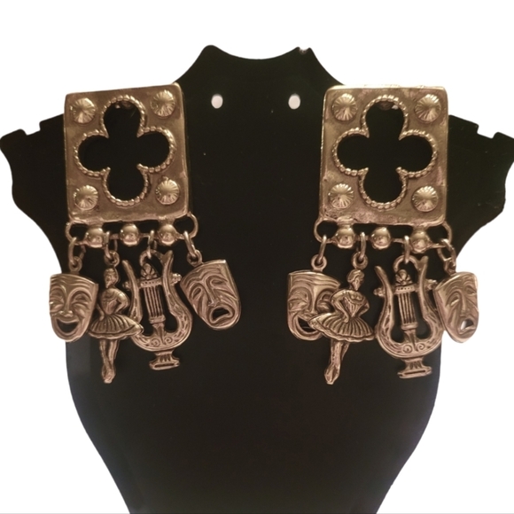 Vintage Jewelry - Vintage - Gold Theater Inspired Charm‎ Statement Earrings
